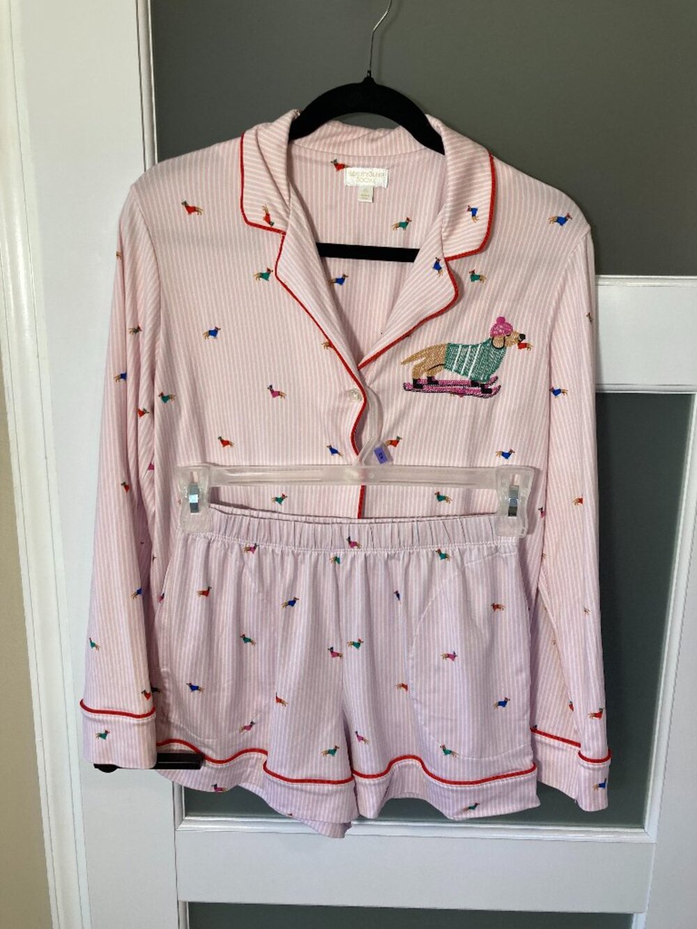 Beauty Sleep Social Pink Stripe Winter Embroidered Dachshund Pajama Set Size XS